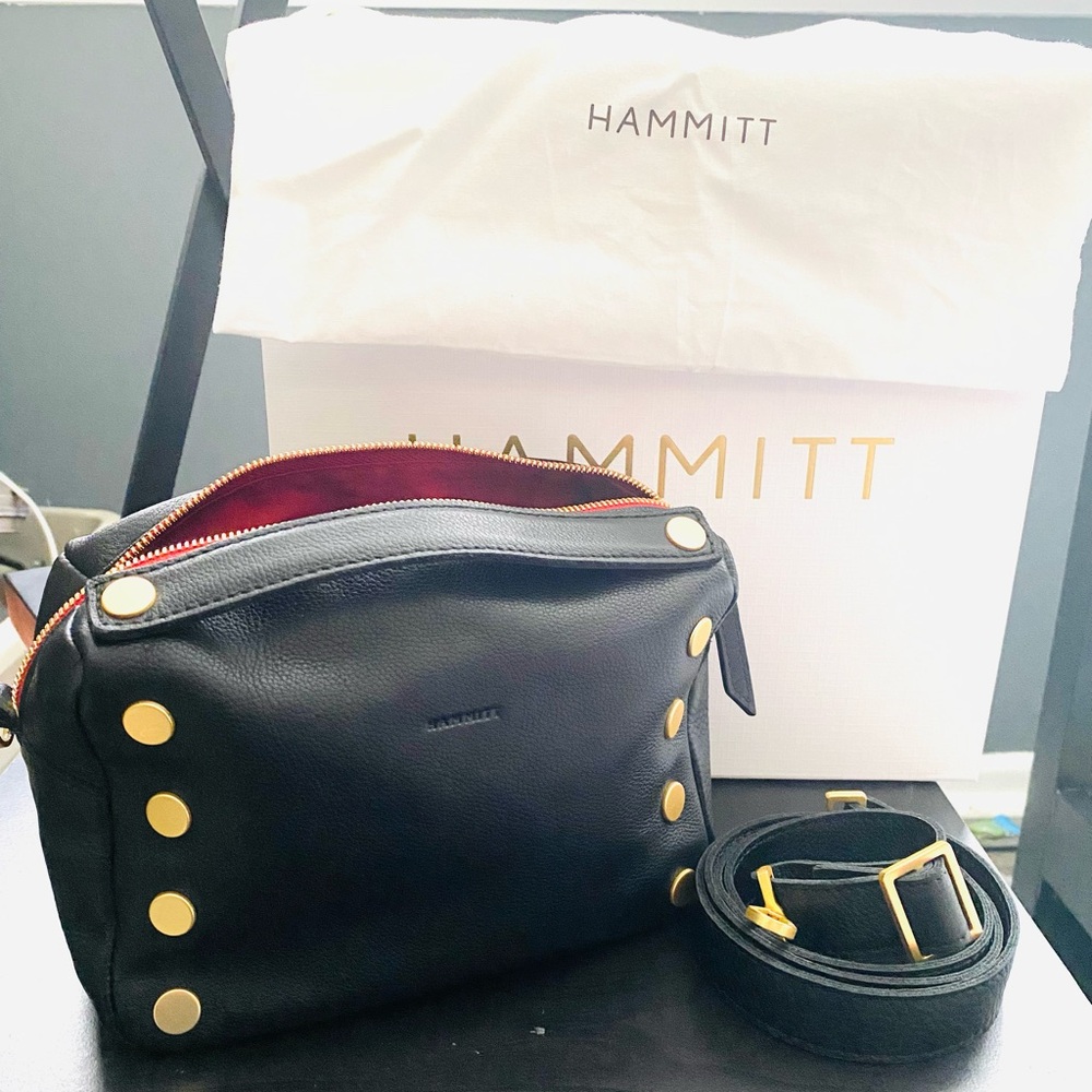 Hammitt Evan Black Leather Crossbody with Gold Studs and Red Interior